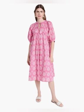 Mille Dress S Travel Resort Saffron Pink Daisy Midi Puff Sleeve Floral NWOT $238